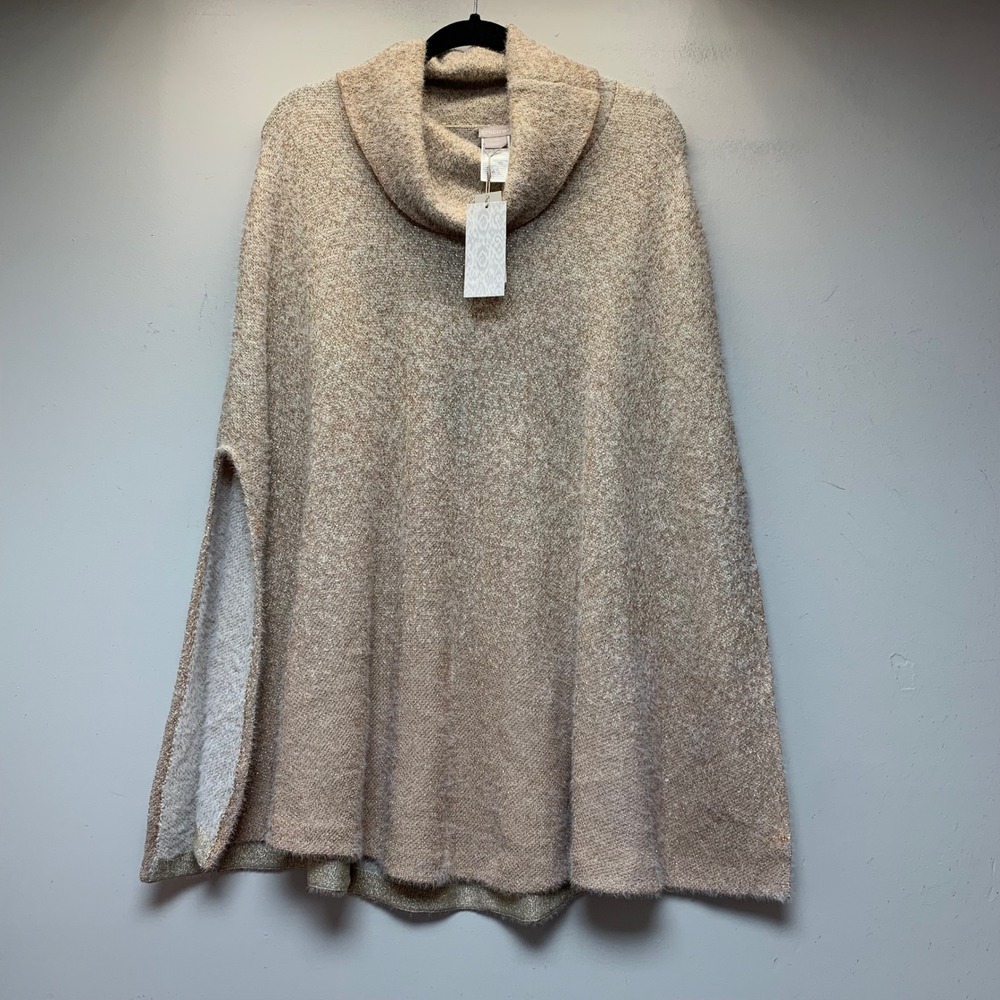 Chico's Fuzzy Shine Cape Poncho Women L/XL Rose Gold NWT Metallic Cowl Neck